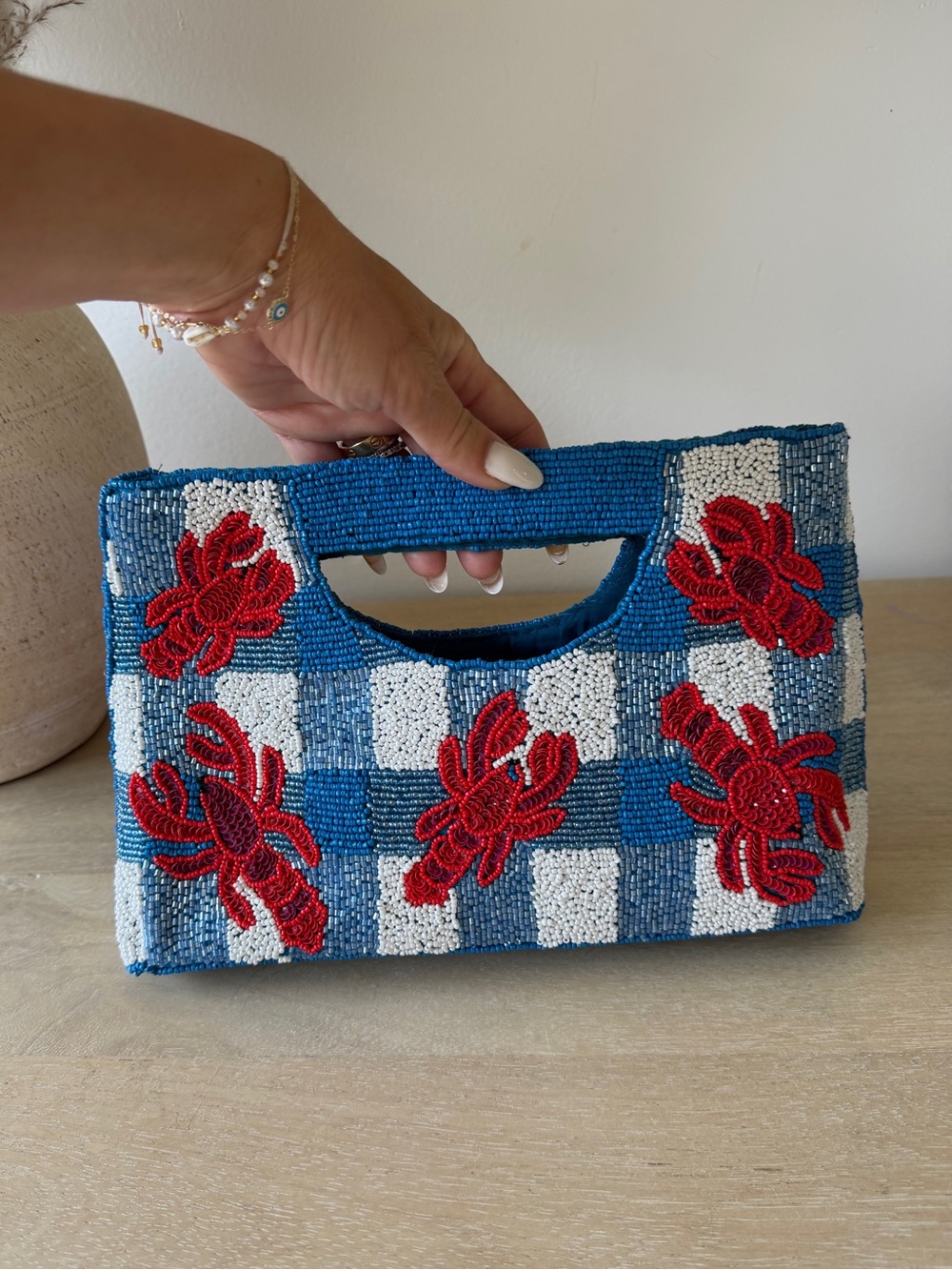 Blue & White Check Beaded Clutch with Red Floral Appliqués